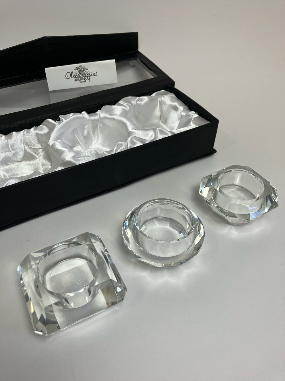Signed Oleg Cassini Fine Crystal Votive Faceted Tealight Candle Set of 3 w/ Box